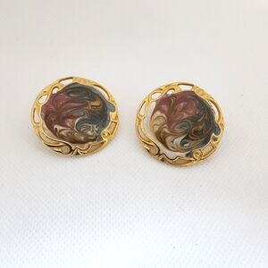 Vintage Earrings Gold Tone Marbled Green Pink White Enamel Boho Pierced 1.5"
